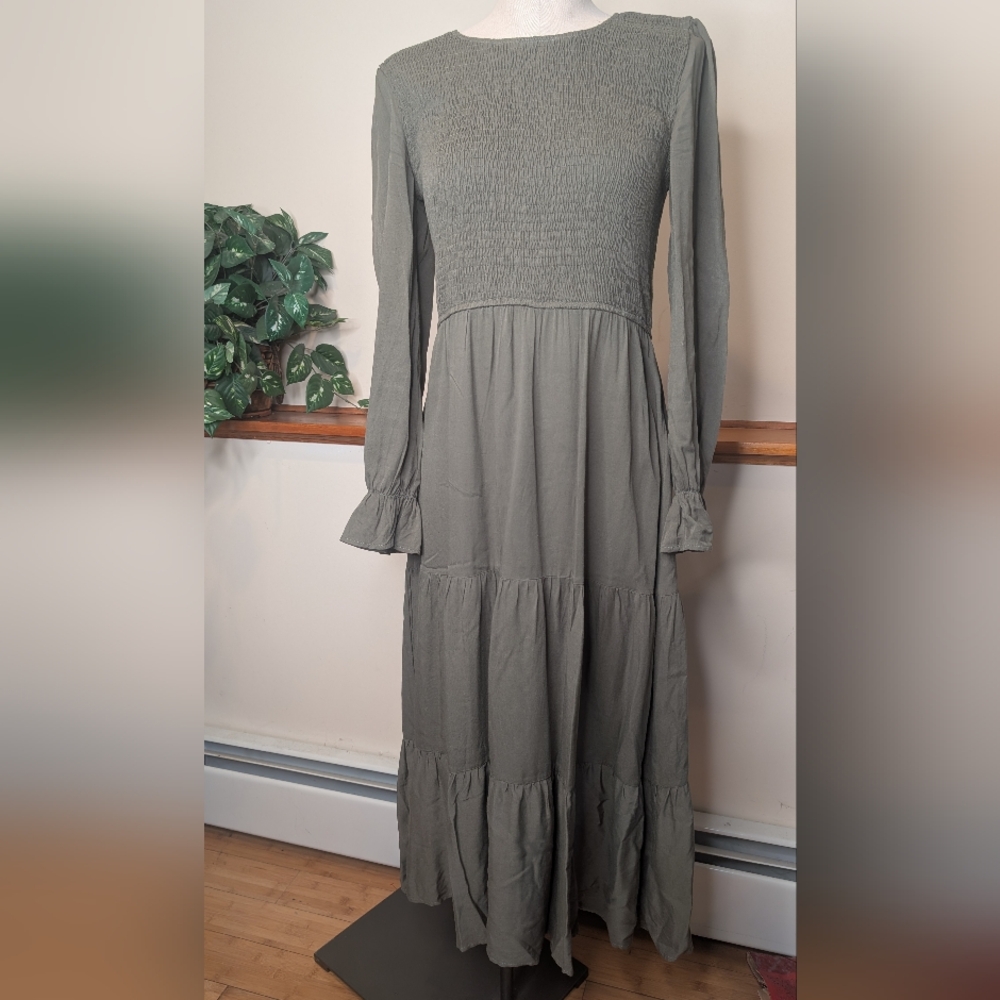 Olive Green Smocked Tiered Maxi Dress Long Sleeve Size L